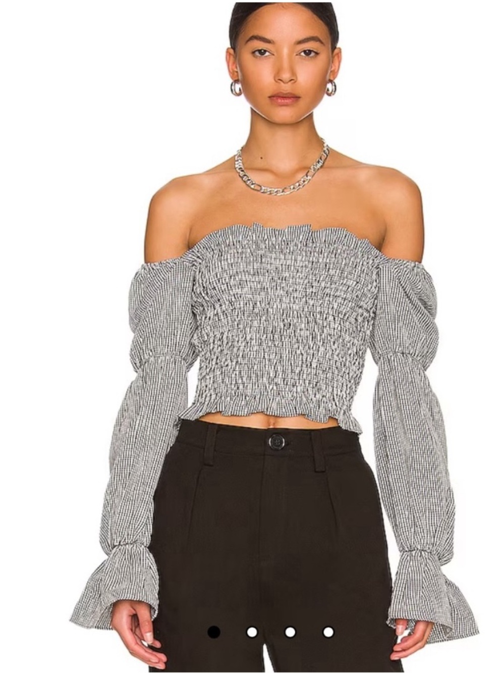 More To Come Off-Shoulder Smocked Long-Sleeve Crop Top - Black/White